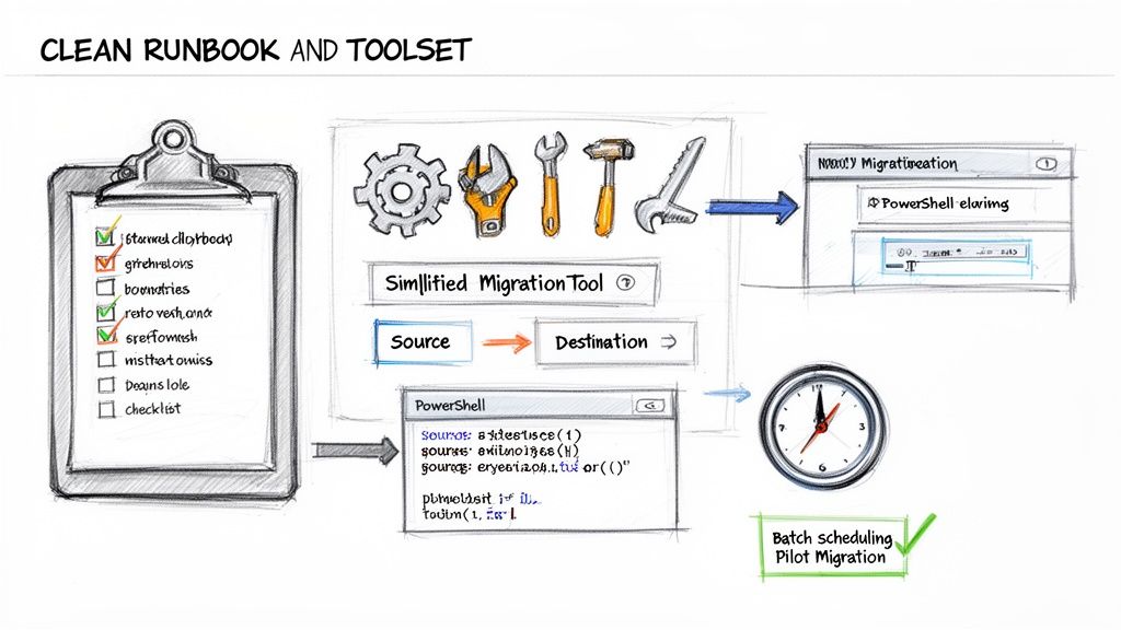 Sketch illustrating a clean migration runbook, tools, PowerShell script, and batch scheduling for pilot migration.