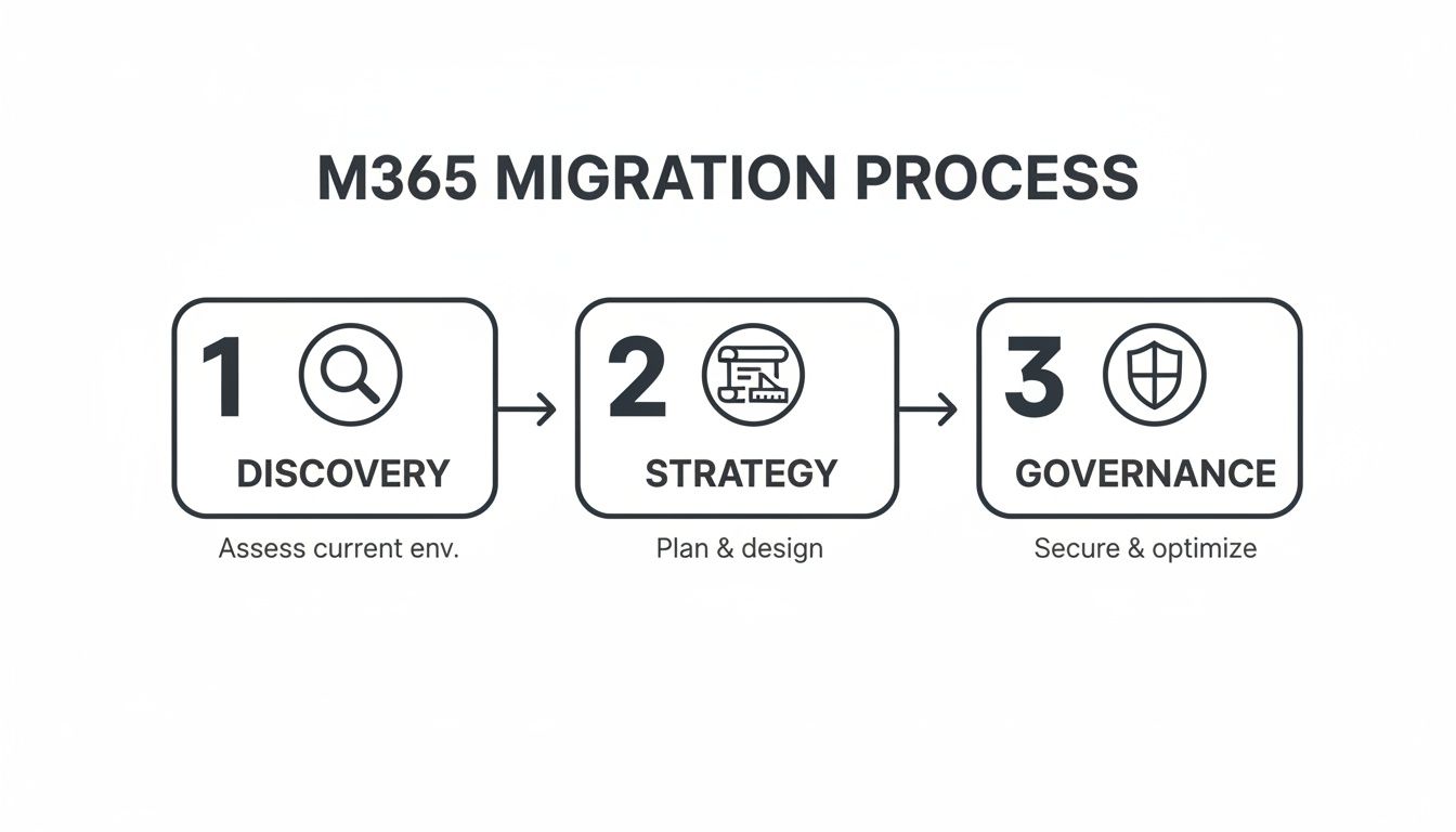 Diagram illustrating the M365 migration process with three steps: Discovery, Strategy, and Governance.