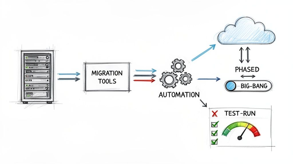 Diagram illustrating server migration to the cloud, detailing migration tools, automation, test runs, and phased vs. big-bang strategies.