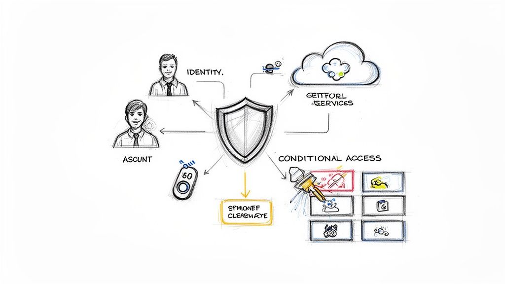 A conceptual diagram showing a central security shield connecting identity, cloud services, and conditional access.