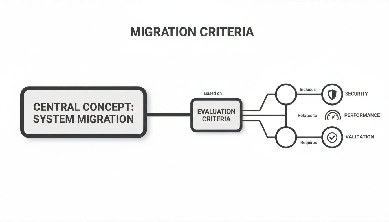 A diagram titled 'Migration Criteria' outlining system migration evaluation based on security, performance, and validation.