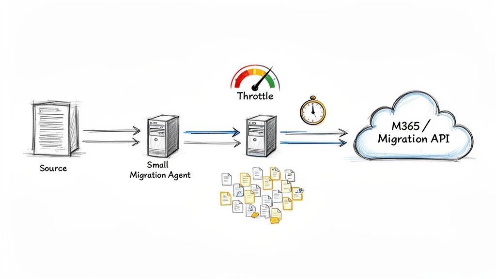 Diagram illustrating a data migration process from a source server, through an agent, to M365/Migration API with throttling.