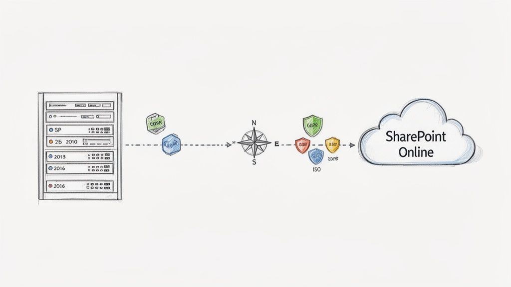 Diagram showing a migration path from on-premises SharePoint servers to SharePoint Online, with compliance shields.