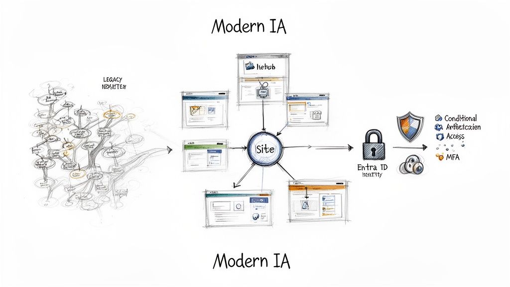 Diagram depicting the transformation from legacy information architecture to a modern, secure site with conditional access and MFA.