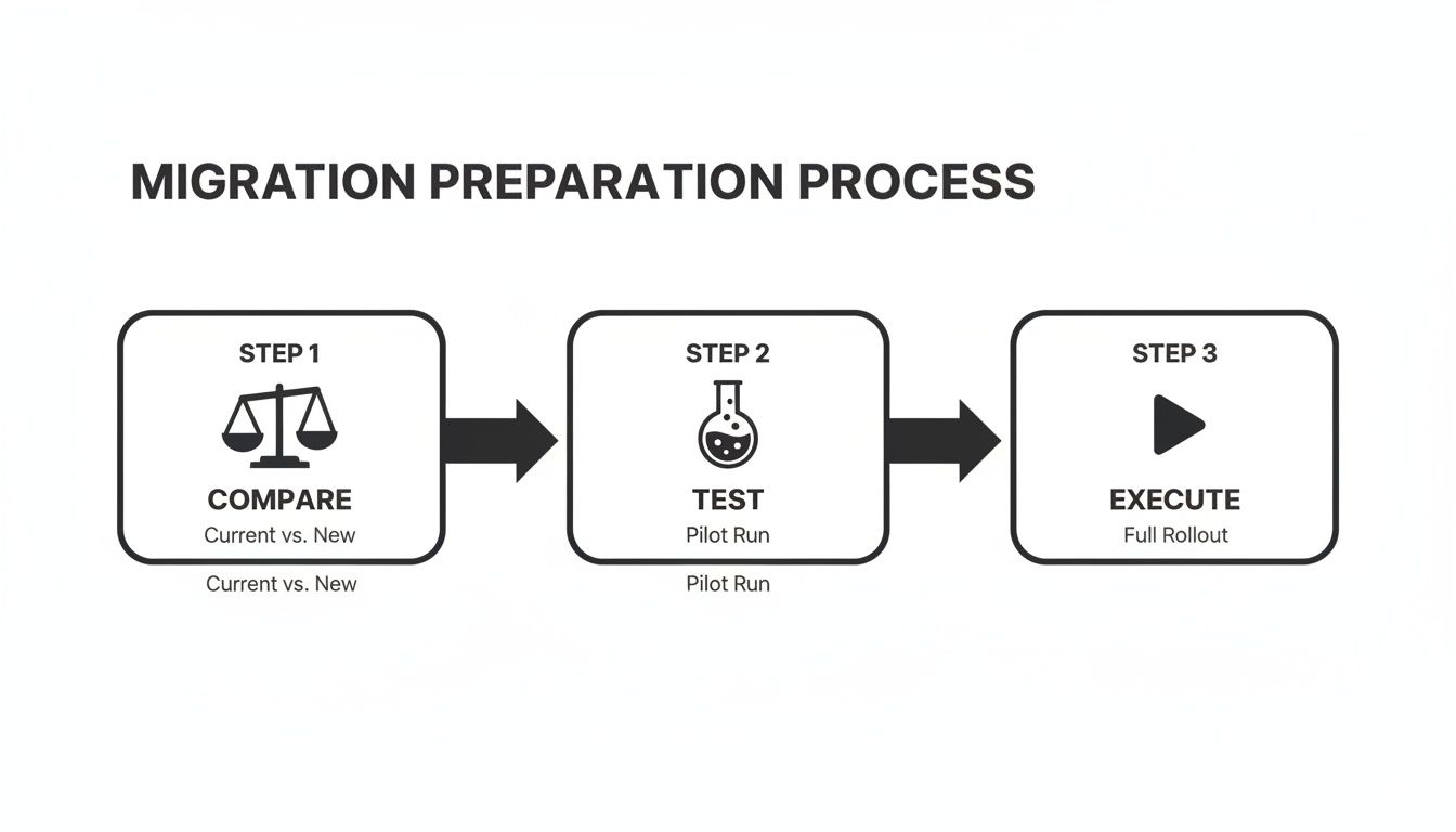A three-step migration preparation process flow showing compare, test, and execute phases.