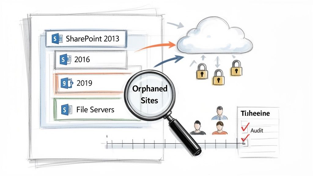 Diagram showing SharePoint and file server data migration to cloud, identifying orphaned sites for security and audit.