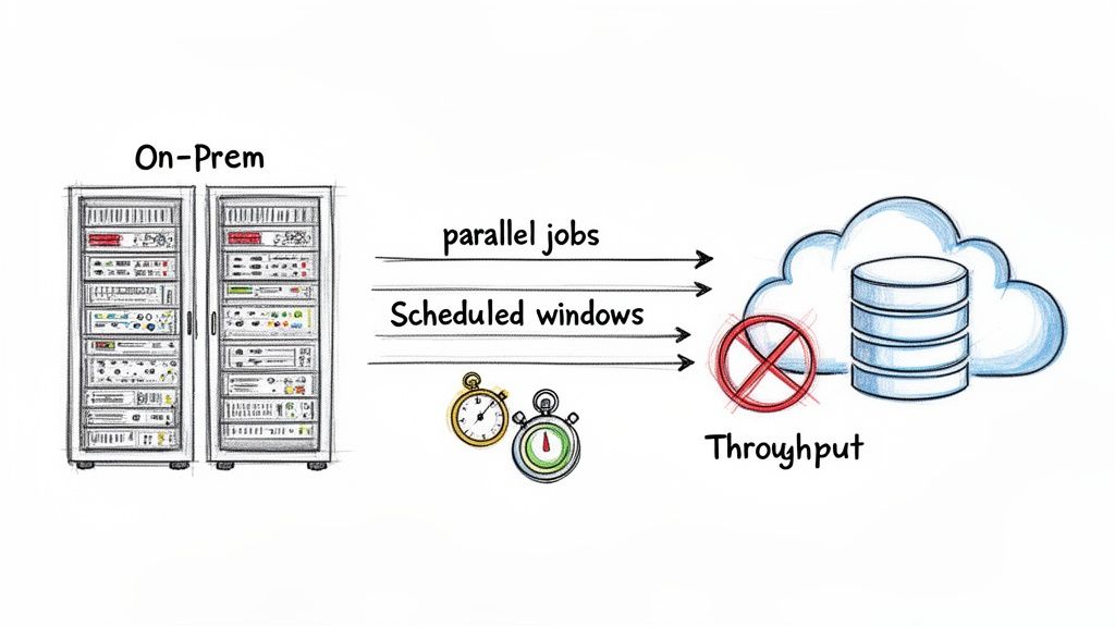 Diagram showing on-premise servers connected to cloud databases, indicating challenges with parallel jobs and scheduled windows affecting throughput.