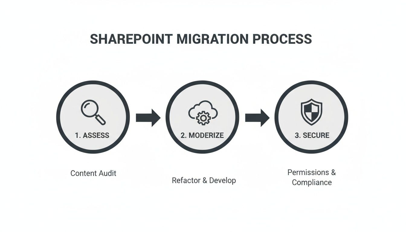 A SharePoint migration process diagram with three steps: Assess, Modernize, and Secure.