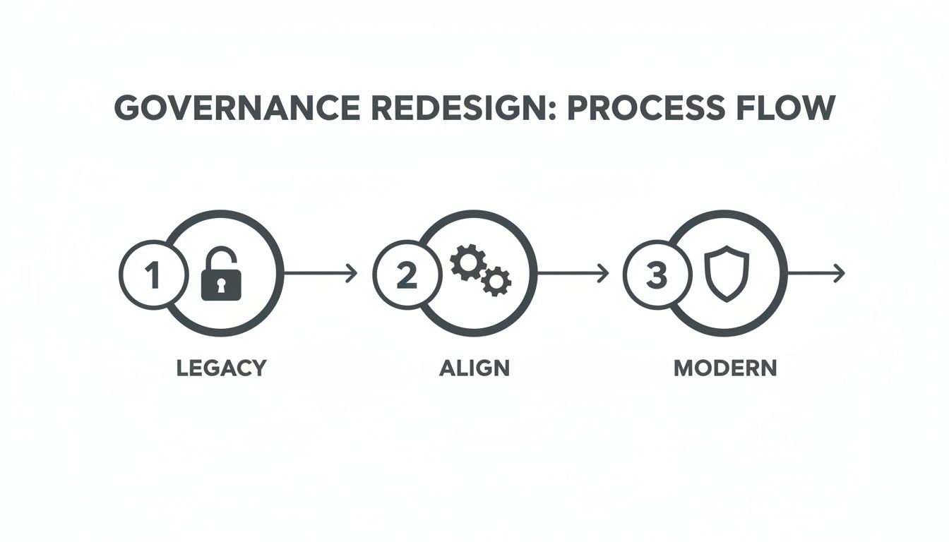 A governance redesign process flow diagram illustrating three stages: Legacy, Align, and Modern, with corresponding icons.