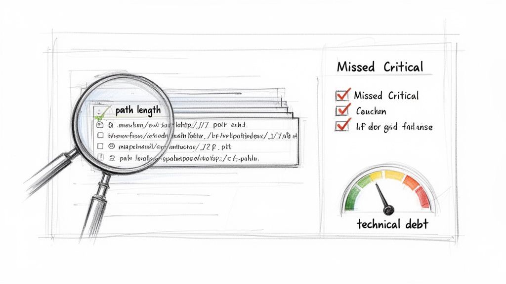 A sketch showing path length issues, missed critical items, and a gauge indicating rising technical debt.