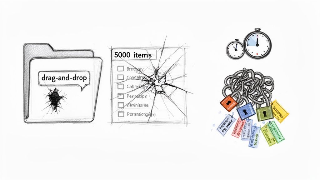 Sketched images illustrating data migration challenges: broken drag-and-drop, large item lists, time, and tangled security locks.