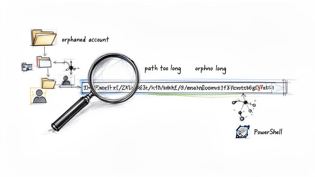 Illustrative diagram showing IT challenges: orphaned accounts, long file paths, and PowerShell.