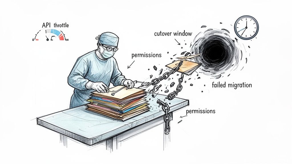 An IT professional attempts a file migration to a vortex, facing API throttle, permissions, and a cutover window, leading to a failure.