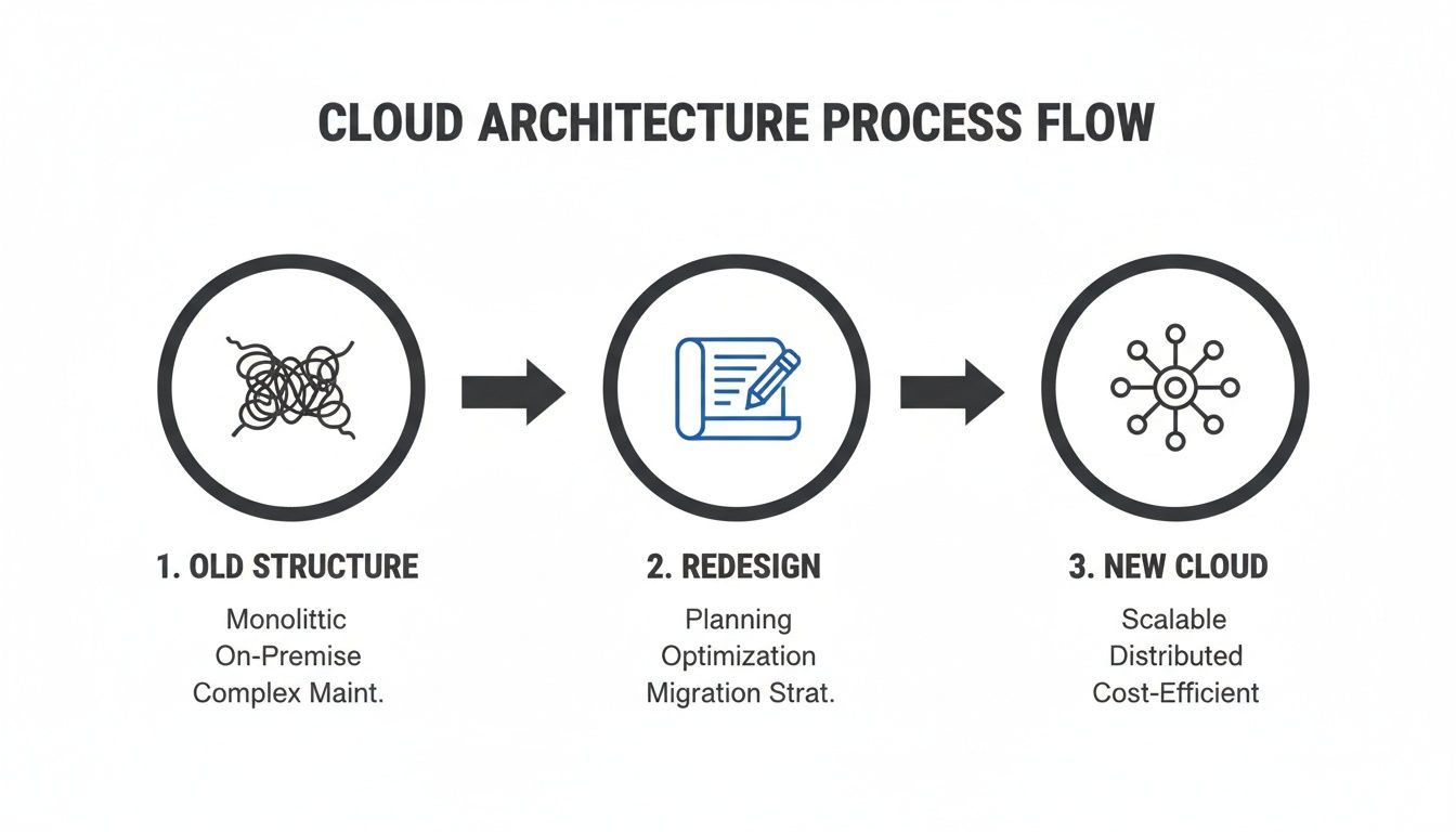 Diagram illustrating the cloud architecture process flow from an old structure to a new, optimized cloud.