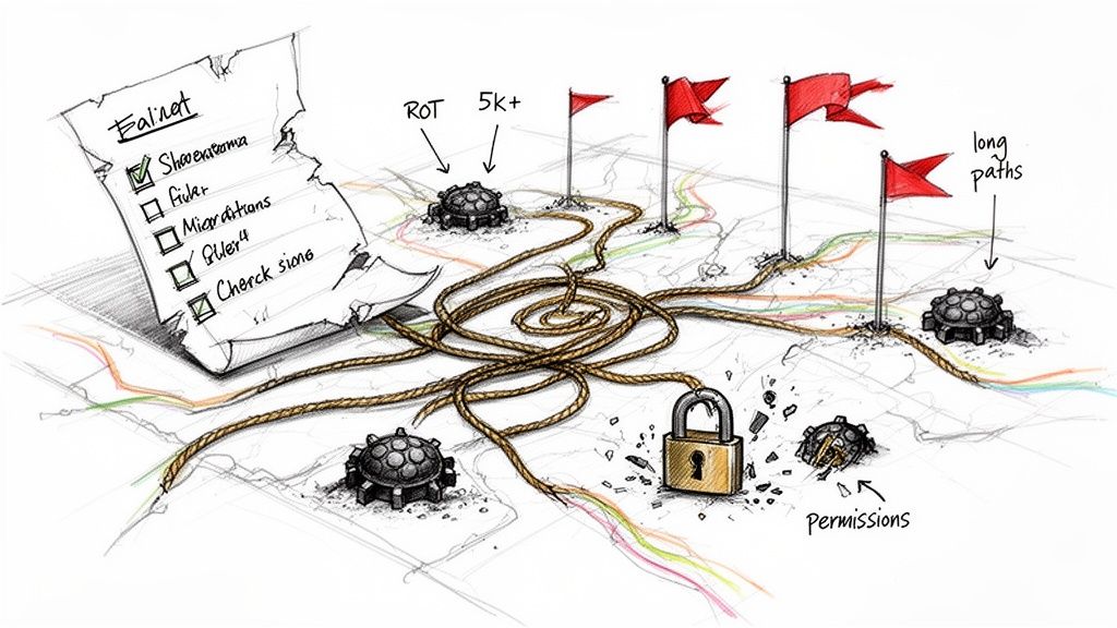 A hand-drawn illustration showing a Falnet project checklist, obstacles, a broken padlock, and tangled ropes representing paths.