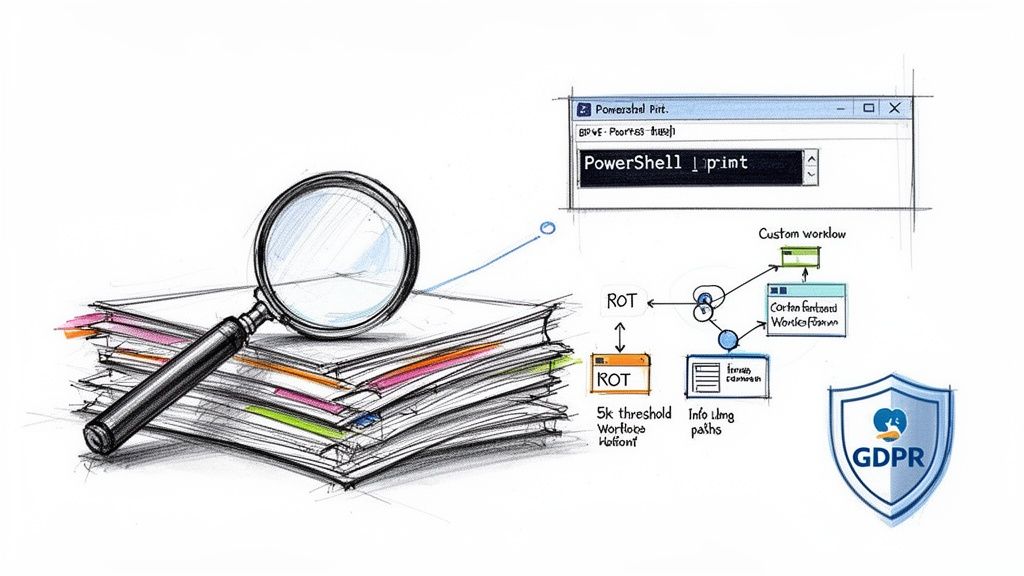 Illustration of data migration planning, including document review, PowerShell scripting, workflows, and GDPR compliance.