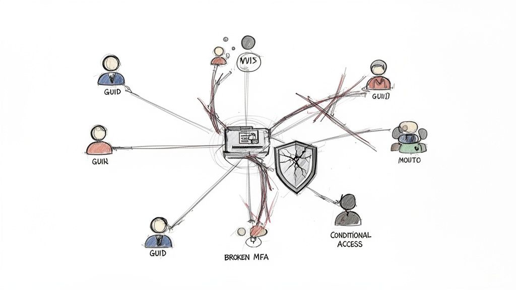 A security diagram illustrating user access, conditional access, and multi-factor authentication issues in a system.