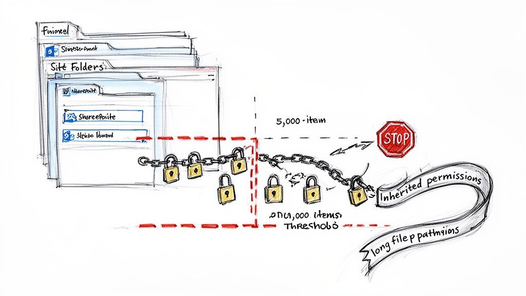 Illustration of file folders, chained padlocks, and text indicating permissions, item limits, and migration challenges.