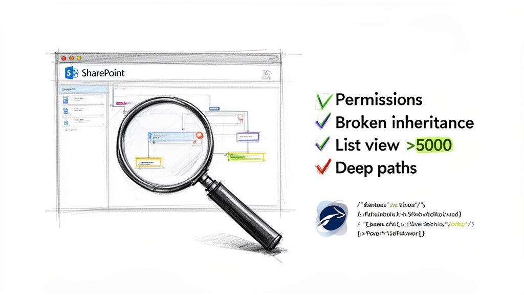 Analyzing SharePoint issues, including permissions, broken inheritance, list views, and deep paths for migration.