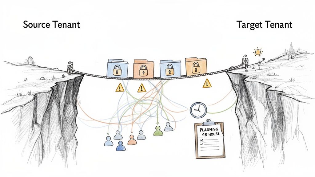 Illustration depicting cross-tenant migration challenges with locked data folders on a rope bridge, users, warnings, and planning.