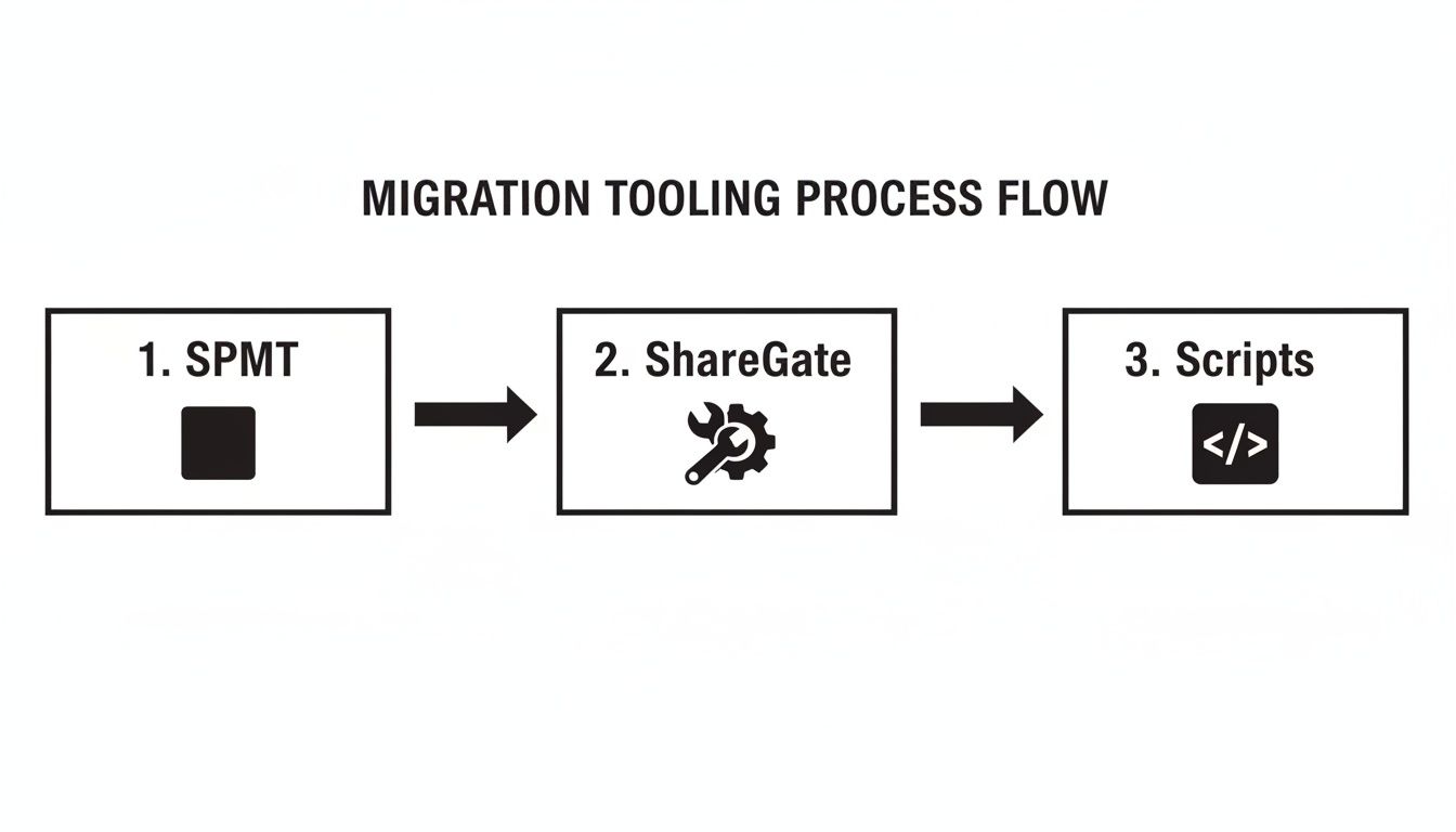 Diagram illustrating the migration tooling process flow: SPMT, ShareGate, and Scripts in sequence.