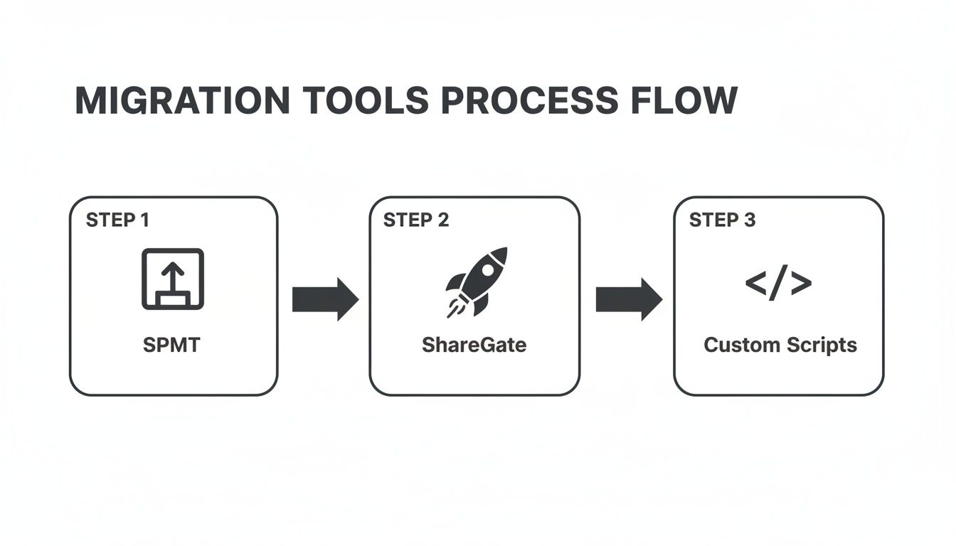 Flowchart showing three steps for migration tools: SPMT, ShareGate, and Custom Scripts.