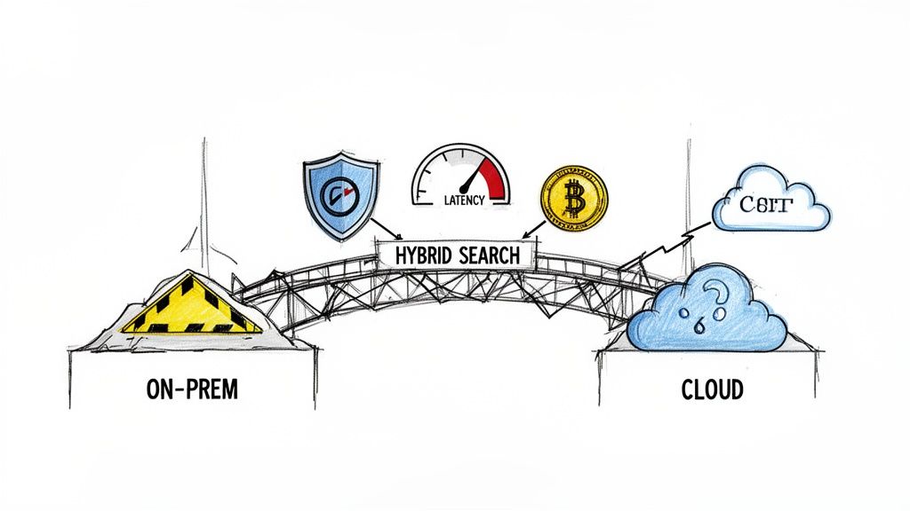 Diagram illustrating 'HYBRID SEARCH' as a bridge connecting 'ON-PREM' and 'CLOUD' environments, with icons for security, latency, and cost.