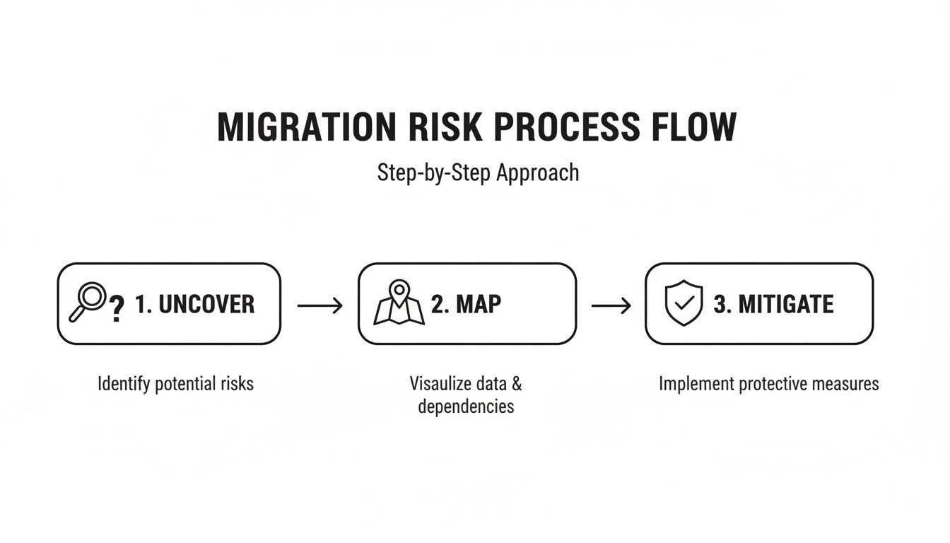 A three-step migration risk process flow outlining steps to uncover, map, and mitigate risks.