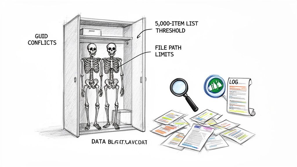 A cartoon illustrating data migration challenges with skeletons in a closet representing conflicts and limits, alongside documents and a magnifying glass.