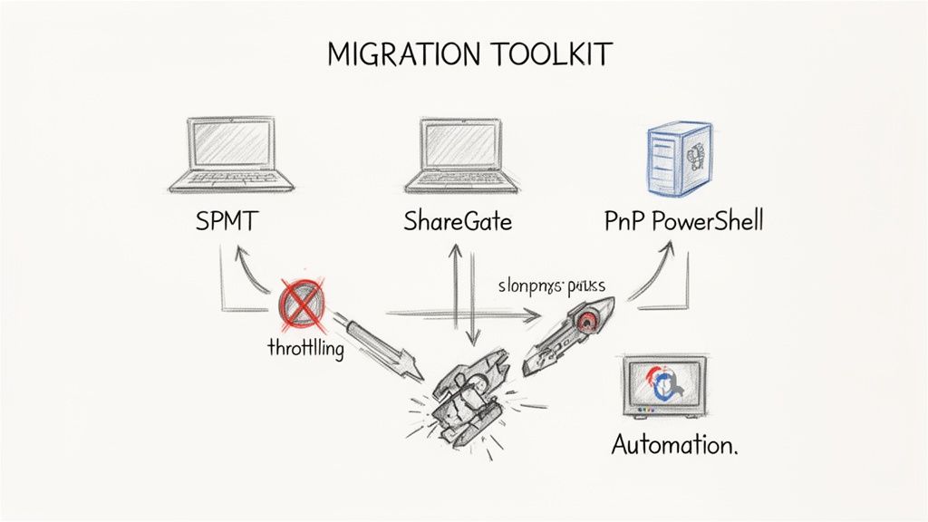 Diagram of a migration toolkit featuring SPMT, ShareGate, and PnP PowerShell for automation.
