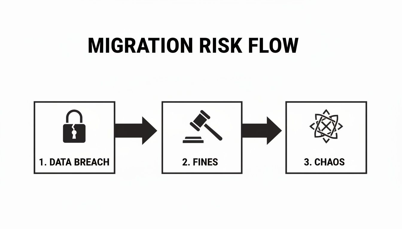 Flowchart showing migration risks: data breach (broken padlock), leading to fines (gavel), and then chaos (abstract icon).