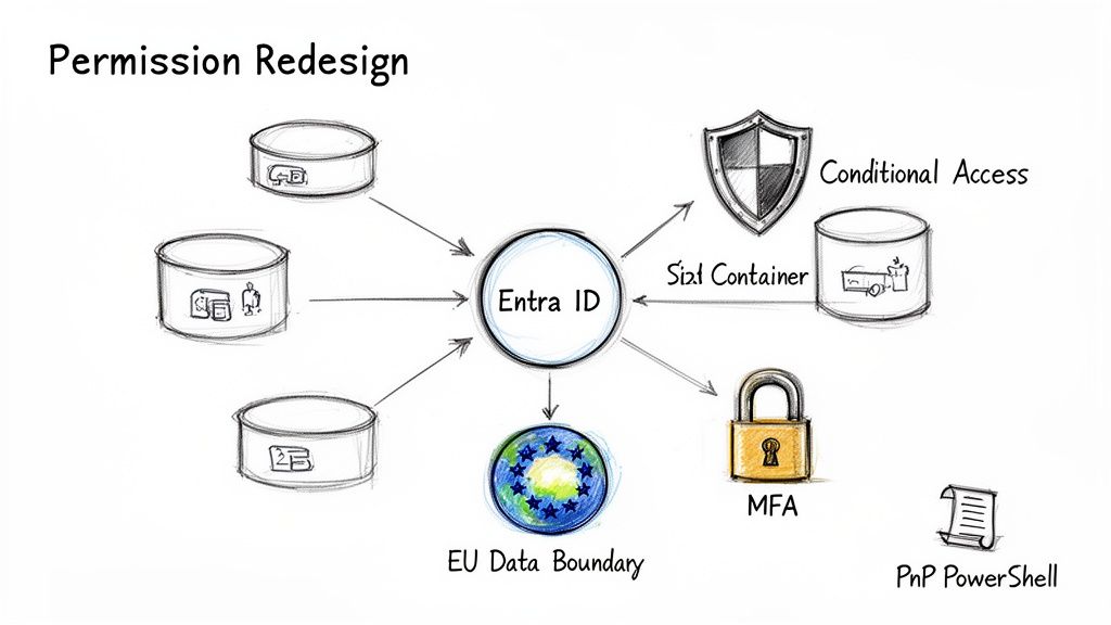 Entra ID central to permission redesign, integrating data sources, MFA, Conditional Access, and EU compliance.