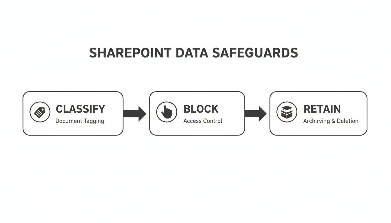 Flowchart showing SharePoint data safeguards: classify with document tagging, block with access control, and retain for archiving and deletion.