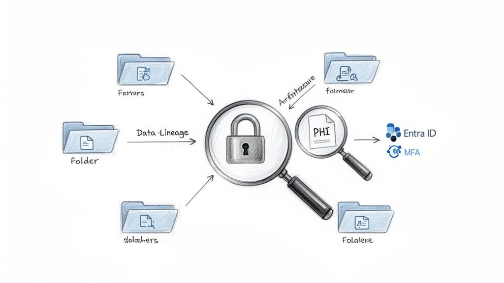 Diagram illustrating data lineage, privacy, and access control with folders, a padlock, PHI, Entra ID, and MFA.