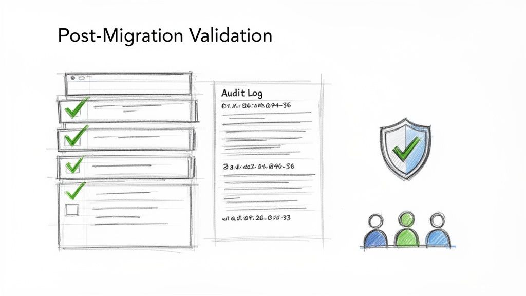 Illustration showing post-migration data validation steps including audit logs, security checks, and team collaboration.