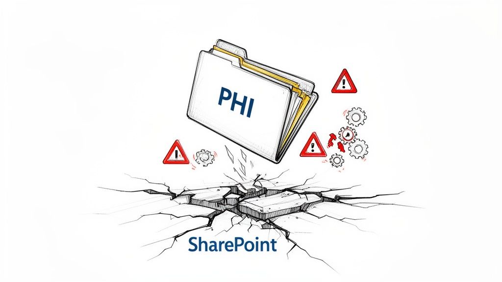 PHI folder crashing through SharePoint, surrounded by warning signs and gears, indicating data risk.