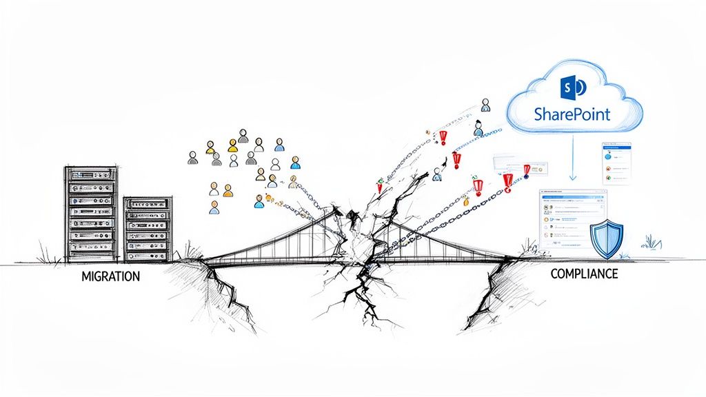 Depiction of complex SharePoint migration, highlighting challenges and the importance of security and compliance.