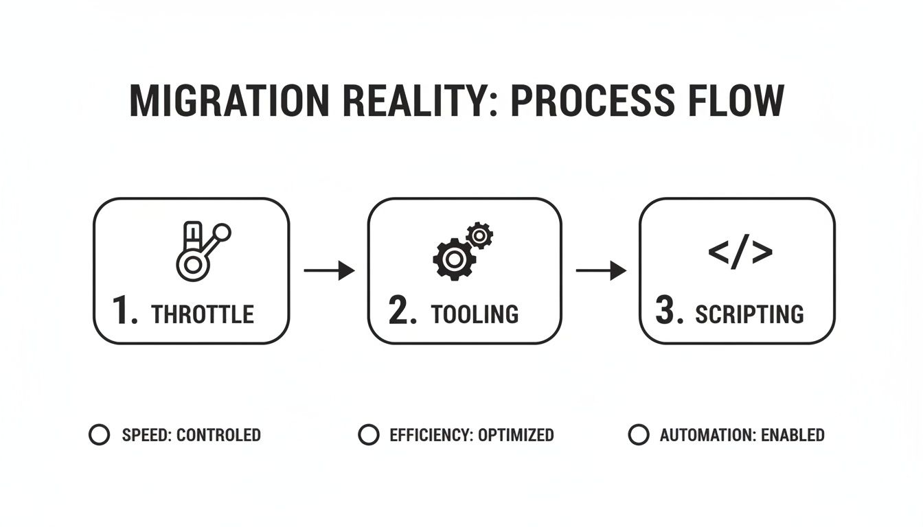 A migration process flow diagram with three steps: Throttle, Tooling, and Scripting for controlled, optimized, and automated migration.