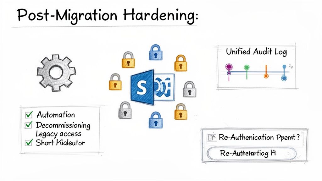 A diagram outlining post-migration hardening strategies for SharePoint, featuring security locks, automation, audit logs, and re-authentication.