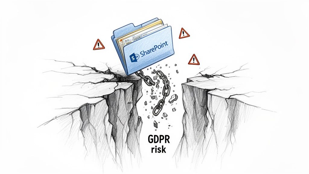 A SharePoint folder dangling by a broken chain over a "GDPR risk" chasm with warning signs.