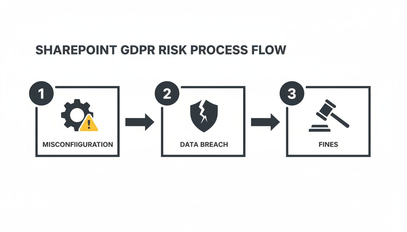 Flowchart illustrating SharePoint GDPR risk process, showing misconfiguration leading to data breach and fines.