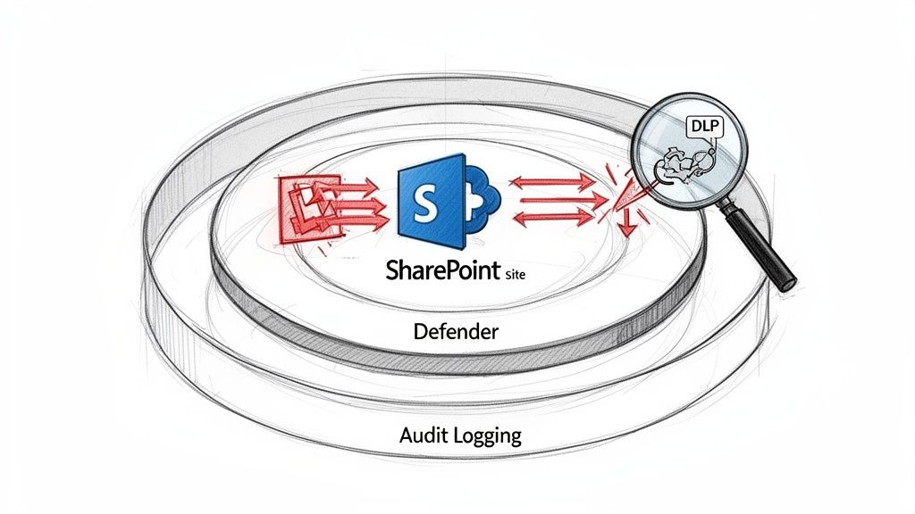 Diagram showing a SharePoint site with data flow, protected by Defender, DLP, and Audit Logging layers.
