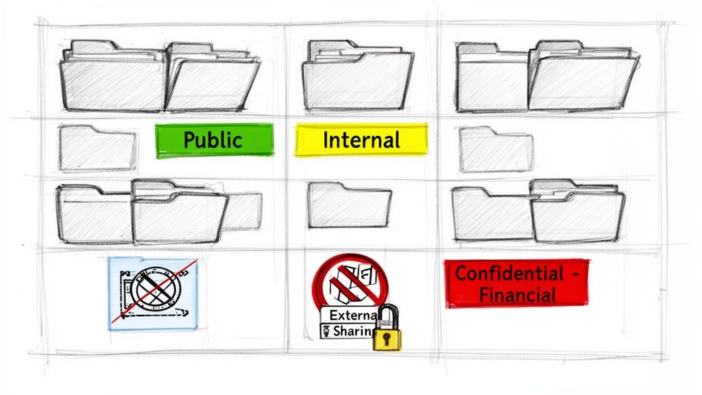 A diagram showing data classification levels: Public, Internal, Confidential-Financial, with restricted external sharing and access.