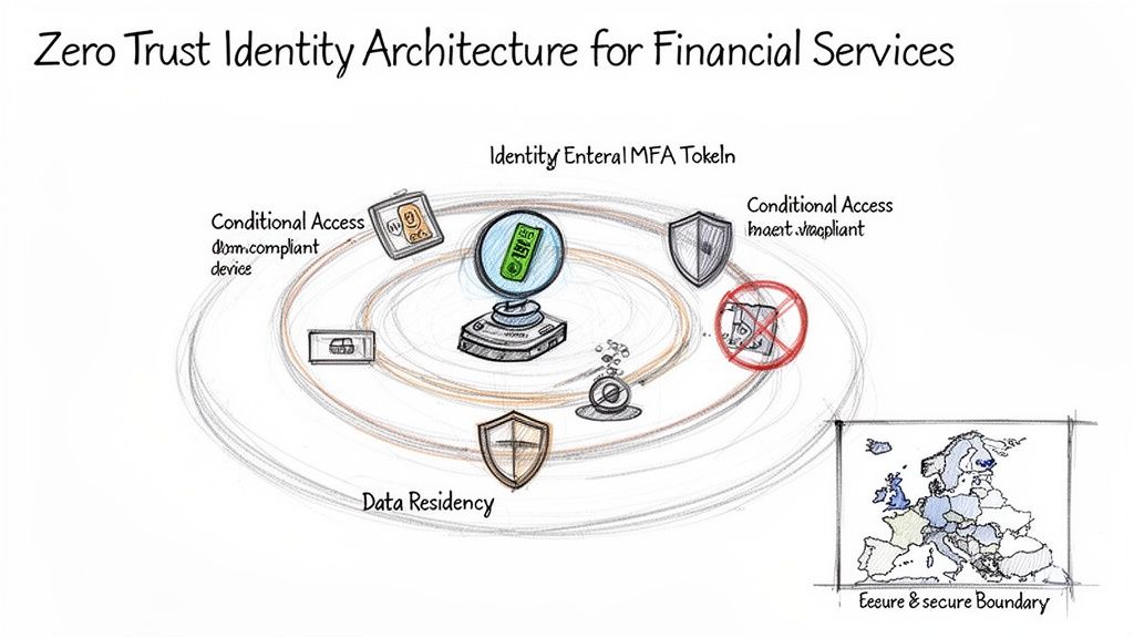 A detailed diagram illustrating the Zero Trust Identity Architecture for Financial Services, with MFA, conditional access, and data residency.