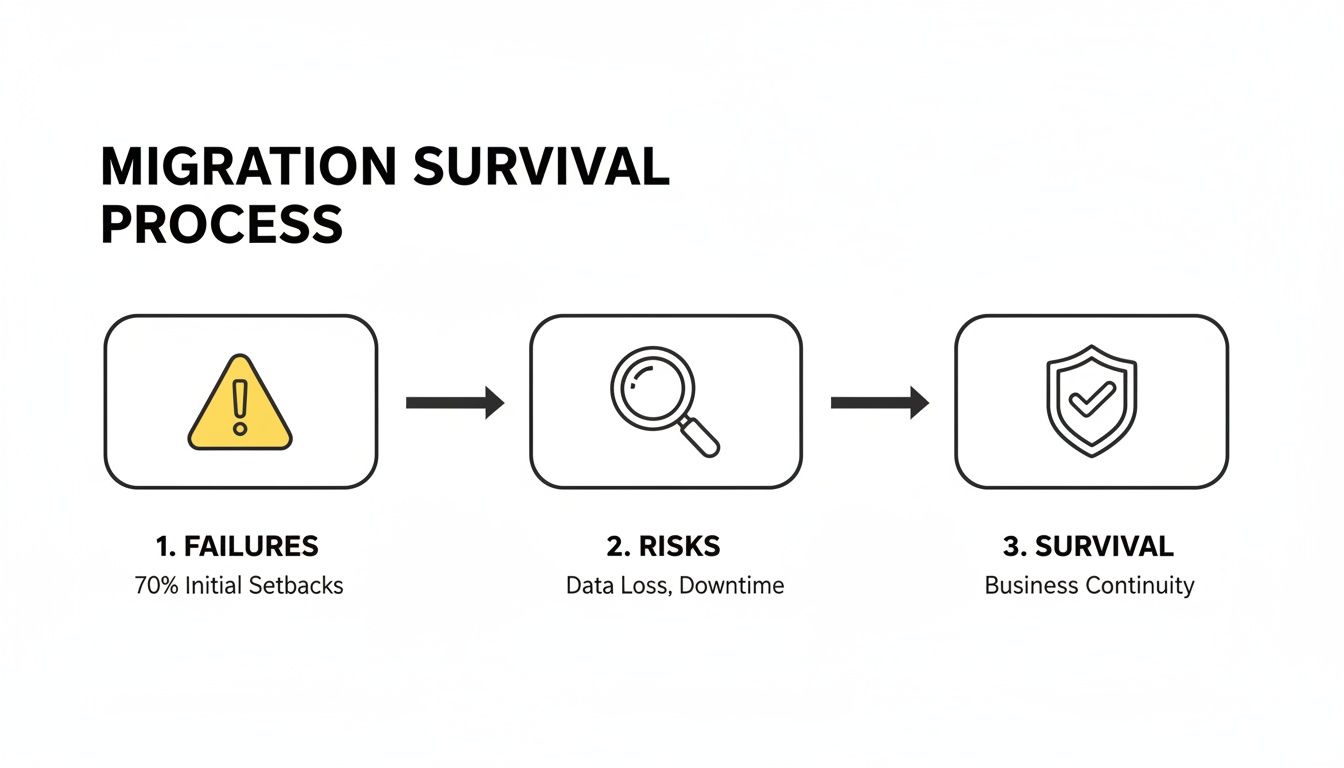 Infographic showing the migration survival process from failures and risks to business continuity.