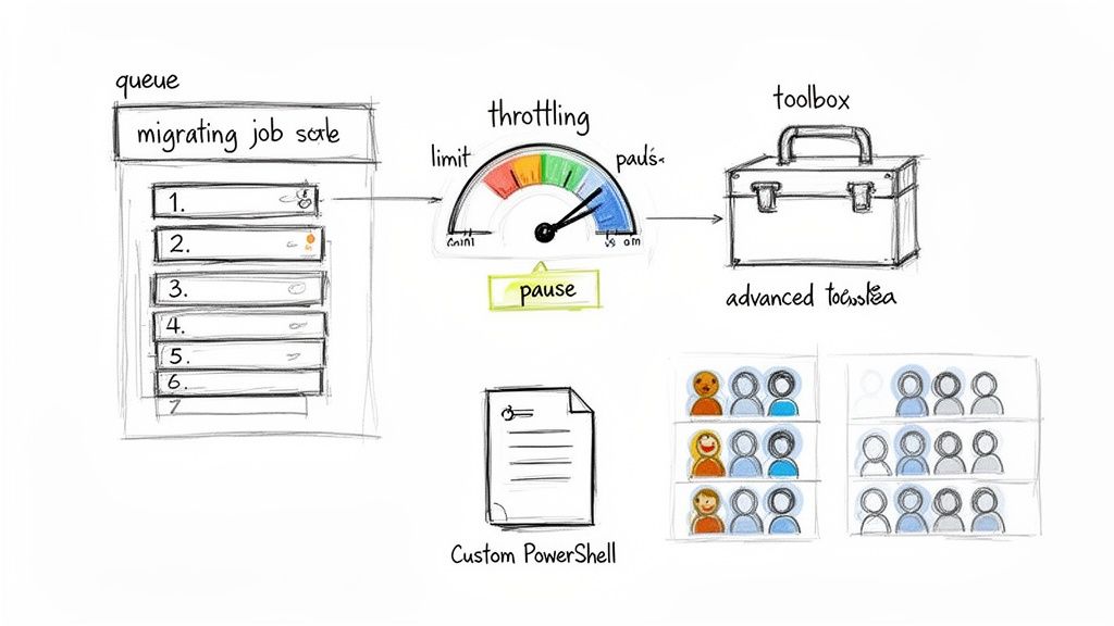 A diagram illustrating a job migration process with a queue, throttling control, tools, and resource allocation.