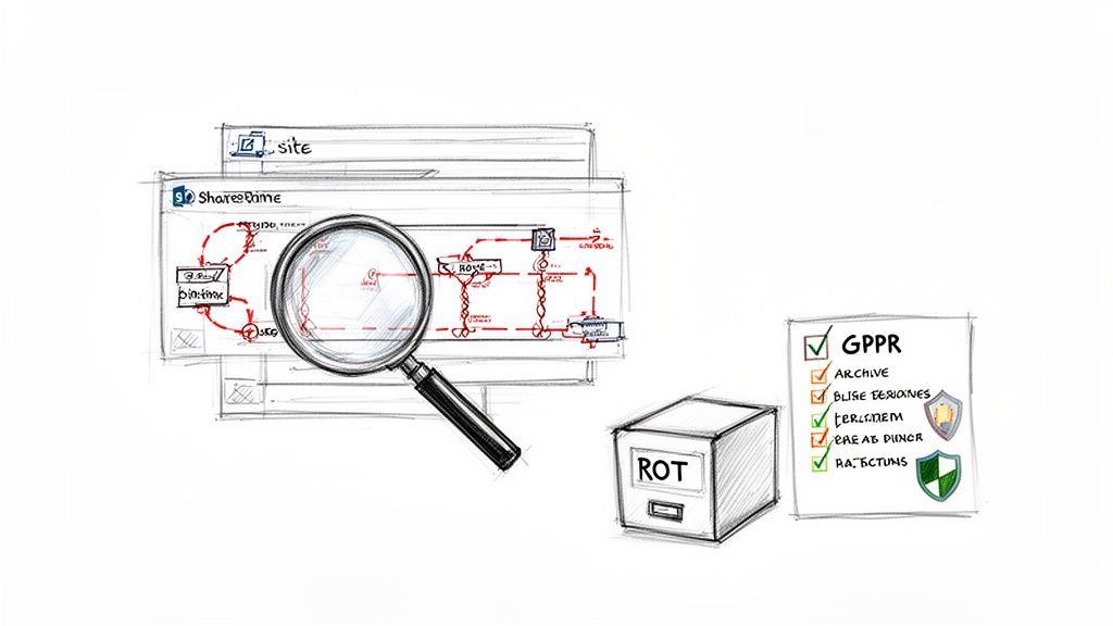 A sketch showing SharePoint data analysis with a magnifying glass, a 'ROT' box, and a GDPR compliance checklist.