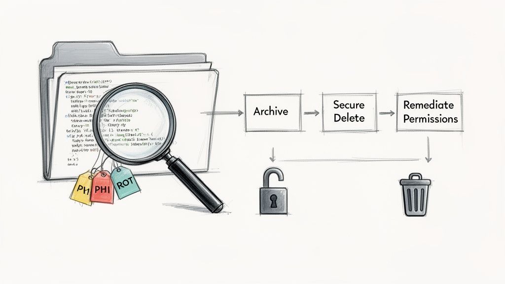 Illustration of data management process, showing data identification, archiving, secure deletion, and permission remediation.
