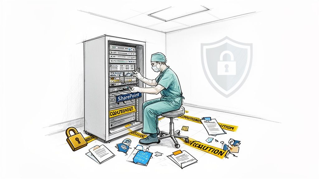 A medical professional works on a SharePoint server rack with caution tape, symbolizing data security.