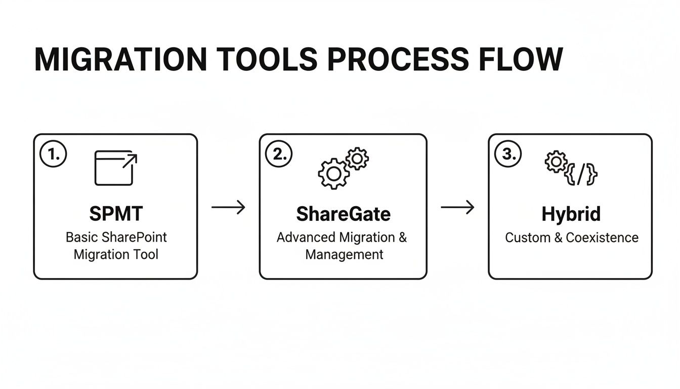 Migration tools process flow diagram: SPMT, ShareGate, and Hybrid options for SharePoint migration.